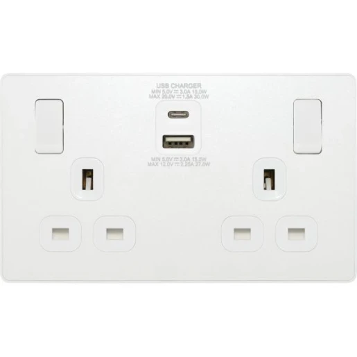 Pearlescent White Evolve 2 Gang 13A 1x USB-QC A 27W 1x USB-PD C 30W Switched Socket White Insert