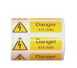 Yellow And Black 75X25Mm Roll Of 250 Danger 415V Signs