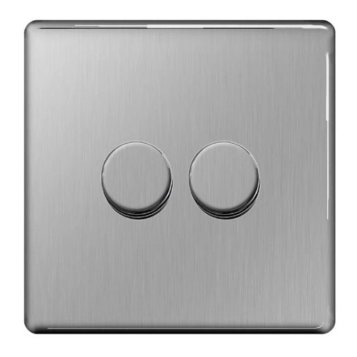 Brushed Steel Flatplate Screwless 2 Gang 2 Way 400W Dimmer Switch