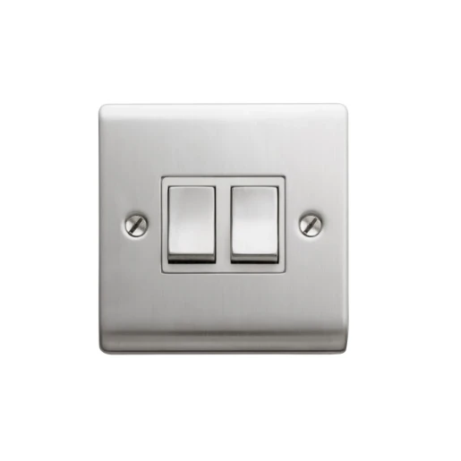 Designa 23S522 2 Gang 2 Way 10AX Plate Switch Satin Steel with White Insert