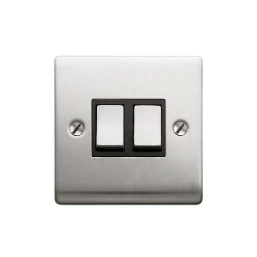 Designa 23S522B 2 Gang 2 Way 10AX Plate Switch Satin Steel with Black Insert