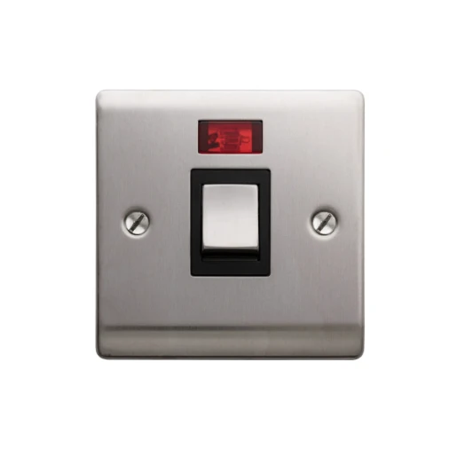 Designa 23S20LB 20A 1 Gang Double Pole Switch Satin Steel With Black Insert With Neon