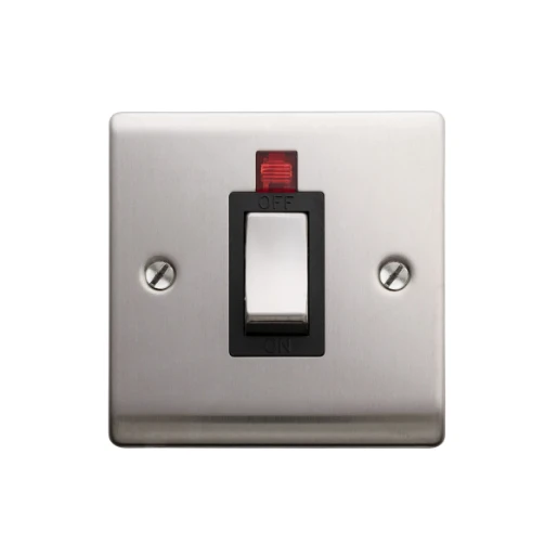 Designa 23S451LB 1 Gang 45A Double Pole Switch Satin Steel with Black Insert and Neon