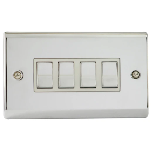 Designa 22S542 4 Gang 2 Way 10AX Plate Switch Polished Chrome with White Insert