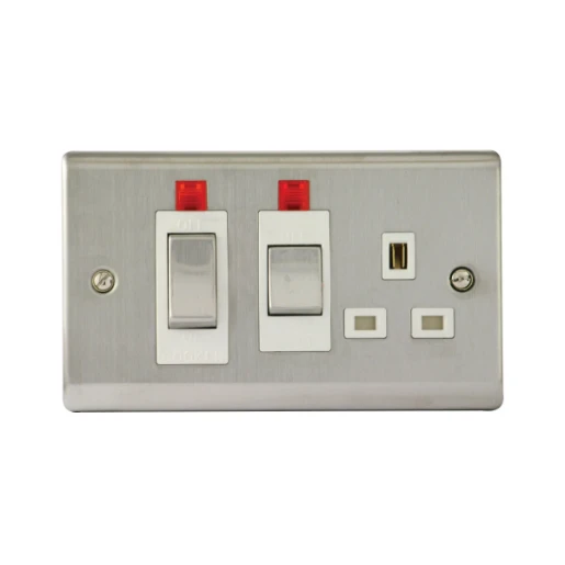 Essentials 23CC45SS1L 45A Double Pole Switched Cooker Control Unit Satin Steel with White Insert & Neon