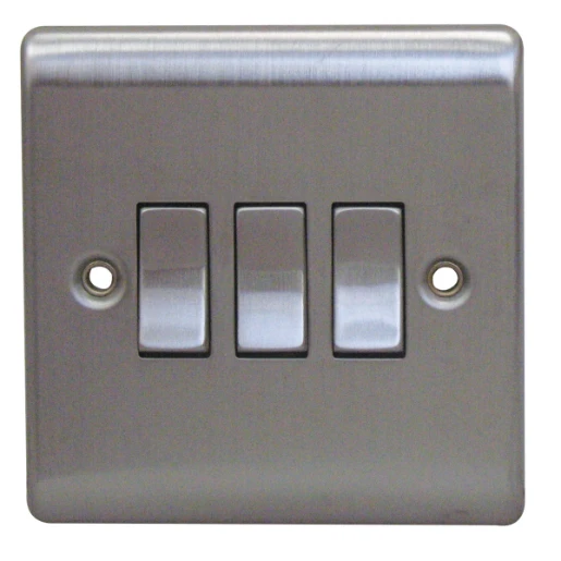 Designa 23S532J 3 Gang 2 Way 10AX Plate Switch Satin Steel