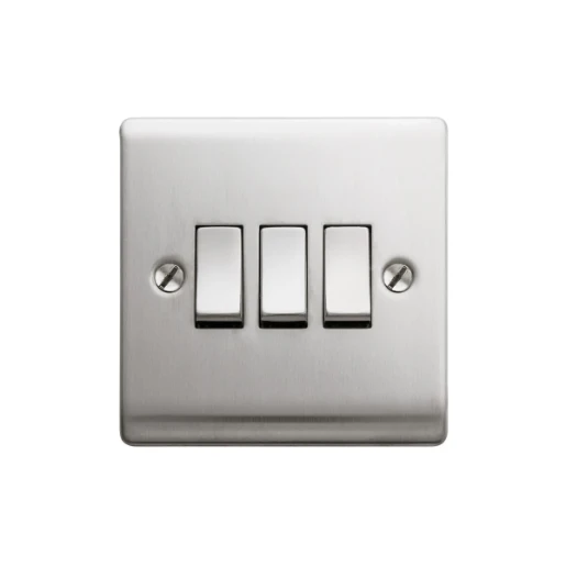 Designa 23S532J 3 Gang 2 Way 10AX Plate Switch Satin Steel