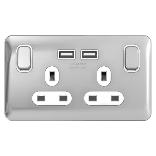 Lisse 2-Gang 1-Pole 13A Switched Socket x2 USB Polished Chrome / White