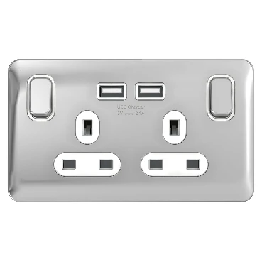 Lisse 2-Gang 1-Pole 13A Switched Socket x2 USB Polished Chrome / White