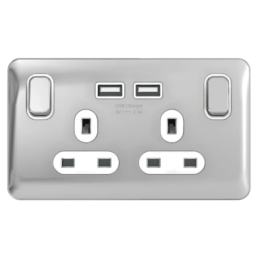 Lisse 2-Gang 1-Pole 13A Switched Socket x2 USB Polished Chrome / White