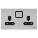 Socket 2 Gang Single Pole Switched Screwless 13A Stainless Steel Black Insert