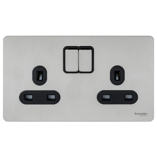 Socket 2 Gang Single Pole Switched Screwless 13A Stainless Steel Black Insert