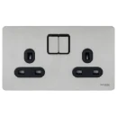 Socket 2 Gang Single Pole Switched Screwless 13A Stainless Steel Black Insert