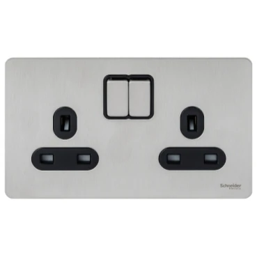 Socket 2 Gang Single Pole Switched Screwless 13A Stainless Steel Black Insert