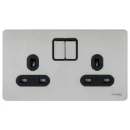 Socket 2 Gang Single Pole Switched Screwless 13A Stainless Steel Black Insert