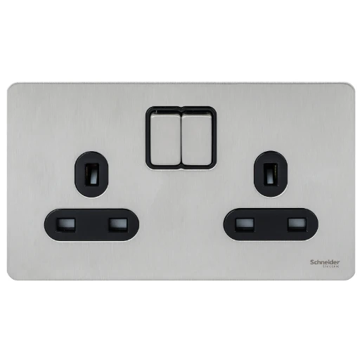 Socket 2 Gang Single Pole Switched Screwless 13A Stainless Steel Black Insert