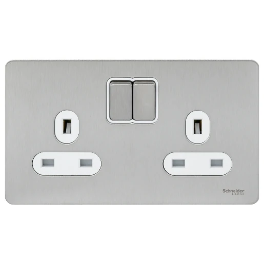 Socket 2 Gang Single Pole Switched Screwless 13A Stainless Steel White Insert