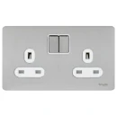 Socket 2 Gang Single Pole Switched Screwless 13A Stainless Steel White Insert