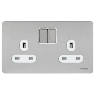 Socket 2 Gang Single Pole Switched Screwless 13A Stainless Steel White Insert