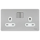 Socket 2 Gang Single Pole Switched Screwless 13A Stainless Steel White Insert