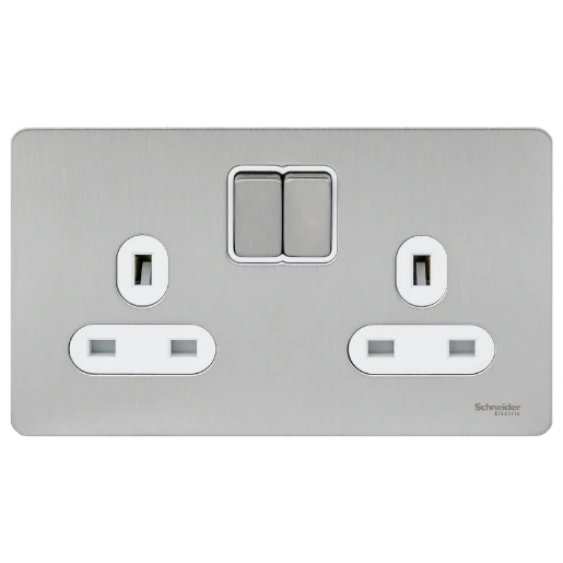 Socket 2 Gang Single Pole Switched Screwless 13A Stainless Steel White Insert