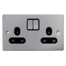 Socket 2 Gang Single Pole Switched Low Profile 13A Brushed Chrome Black Insert