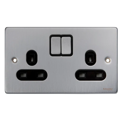 Socket 2 Gang Single Pole Switched Low Profile 13A Brushed Chrome Black Insert