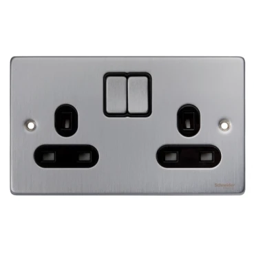 Socket 2 Gang Single Pole Switched Low Profile 13A Brushed Chrome Black Insert