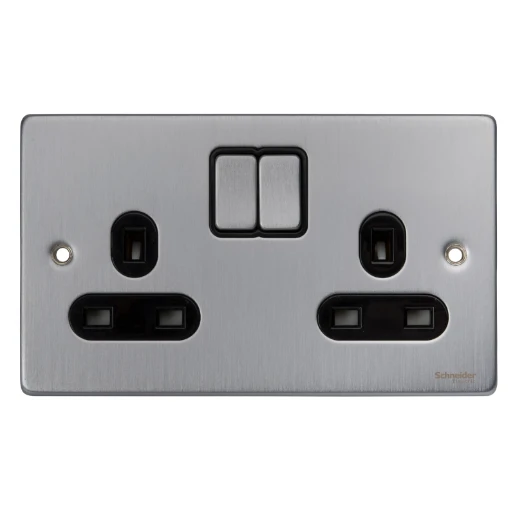 Socket 2 Gang Single Pole Switched Low Profile 13A Brushed Chrome Black Insert