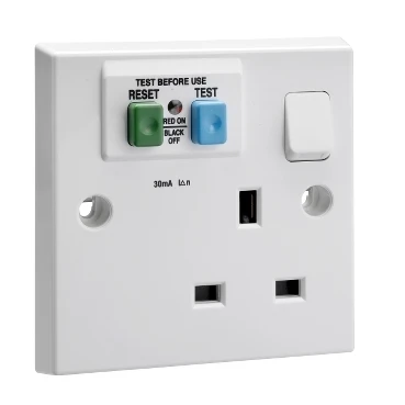 Exclusive Square edge white moulded, socket outlet with RCD, 1 gang, w