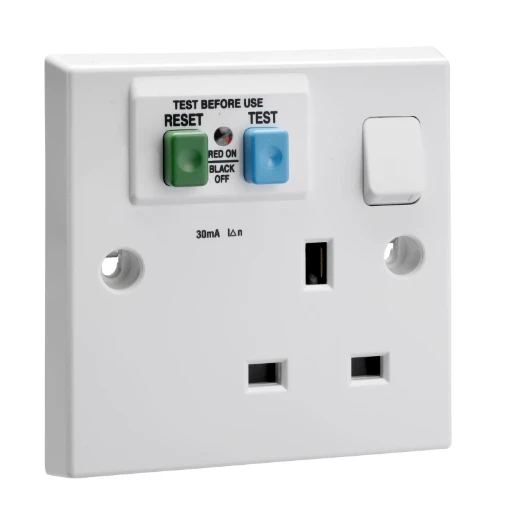 Exclusive Square edge white moulded, socket outlet with RCD, 1 gang, w