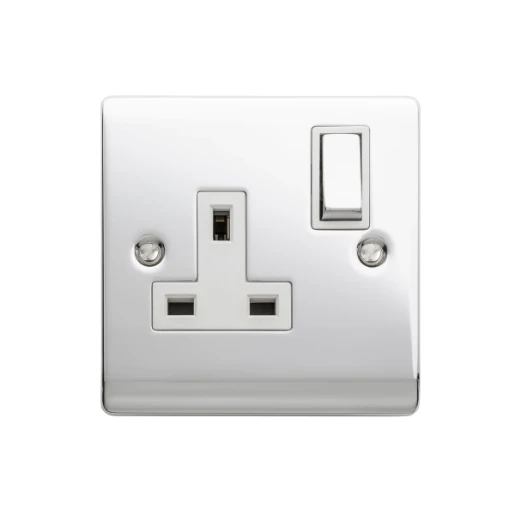 Designa 22SS131DP 1 Gang 13A Double Pole Switched Single Socket Polished Chrome With White Insert
