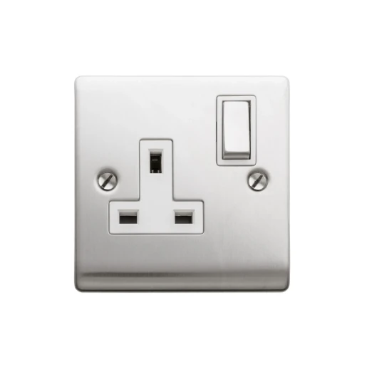 Designa 23SS131DP 1 Gang 13A Double Pole Switched Single Socket Satin Steel With White Insert