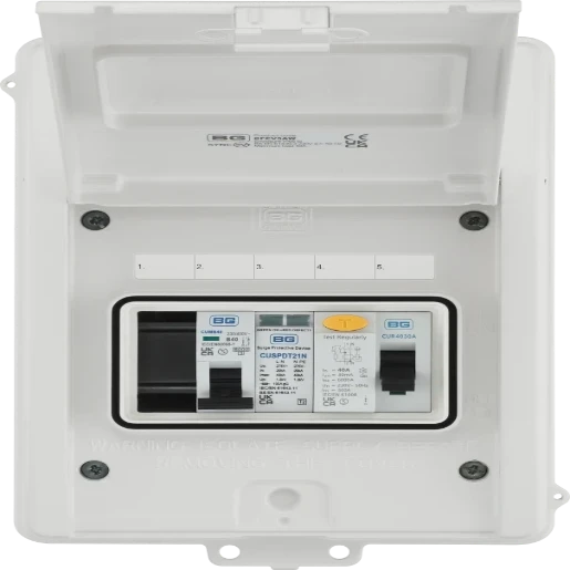 EV Consumer Unit in White with 5 modules including T2 SPD, 40A Type A RCD and 40A MCB