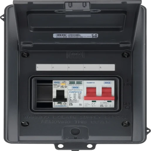EV Consumer Unit in Grey with 5 modules including T2 SPD, 100a Main Switch and 40A Type A DP RCBO