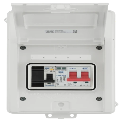 EV Consumer Unit in White  with 5 modules including T2 SPD, 100a Main Switch and 40A Type A DP RCBO