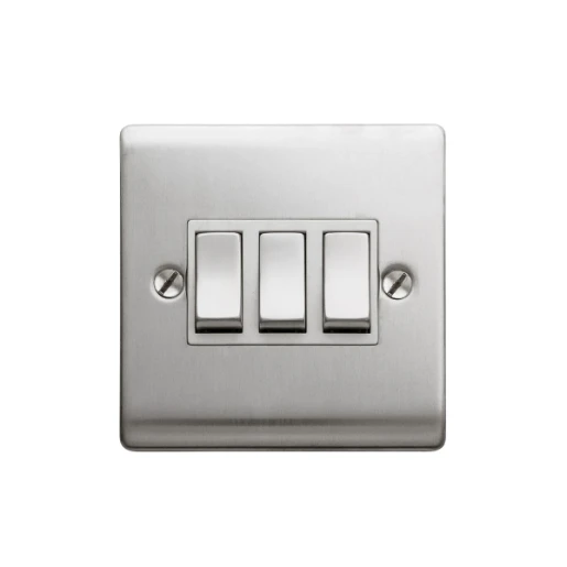 Designa 23S532 3 Gang 2 Way 10AX Plate Switch Satin Steel with White Insert