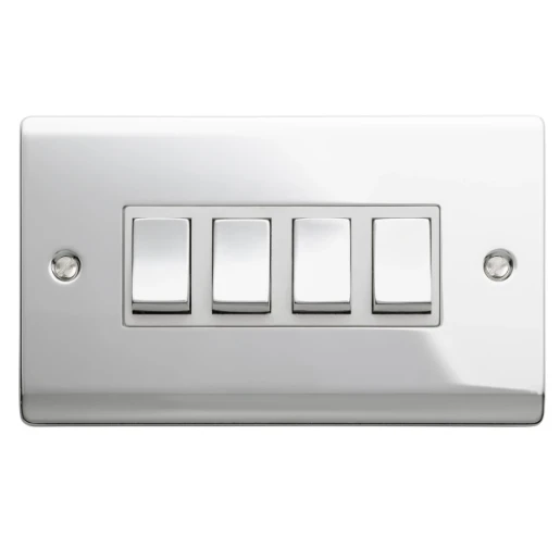 Designa 22S542 4 Gang 2 Way 10AX Plate Switch Polished Chrome with White Insert