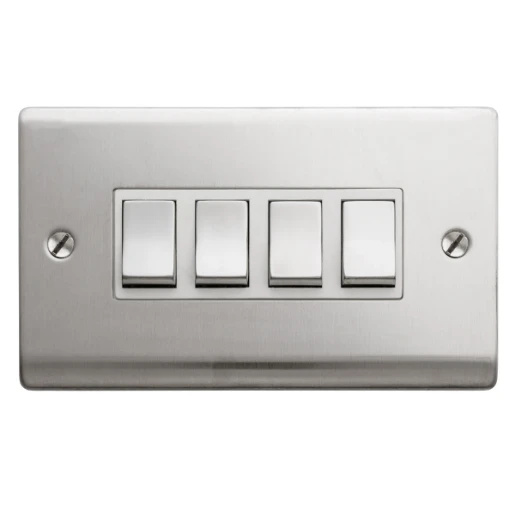 Designa 23S542 4 Gang 2 Way 10AX Plate Switch Satin Steel with White Inserts
