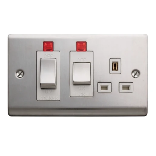Essentials 23CC45SS1L 45A Double Pole Switched Cooker Control Unit Satin Steel with White Insert & Neon