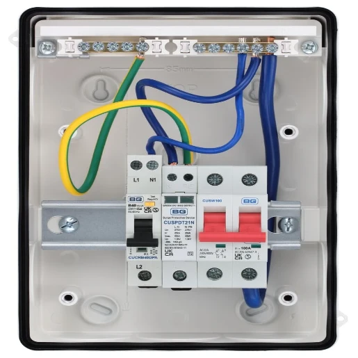 EV Consumer Unit in White  with 5 modules including T2 SPD, 100a Main Switch and 40A Type A DP RCBO