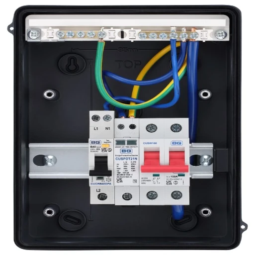 EV Consumer Unit in Grey with 5 modules including T2 SPD, 100a Main Switch and 40A Type A DP RCBO