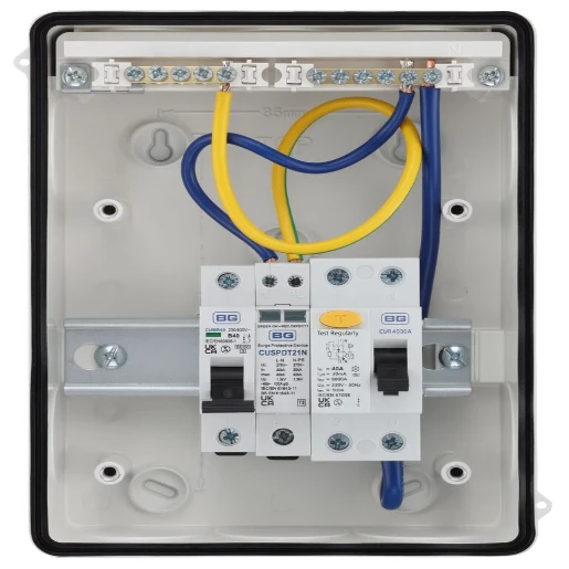 EV Consumer Unit in White with 5 modules including T2 SPD, 40A Type A RCD and 40A MCB
