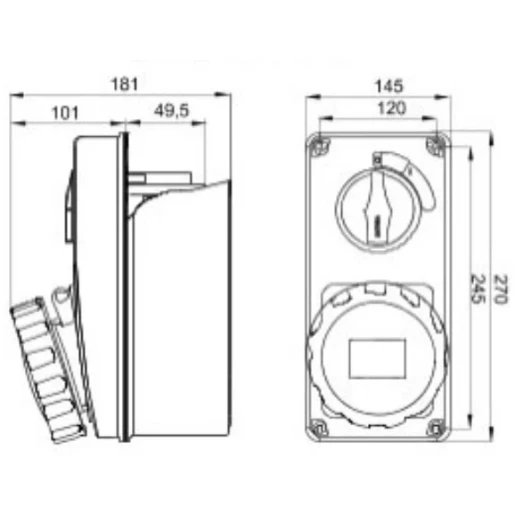 Socket 3P+N+E Vertical Interlock 63A 400V Red Owb 6H Cbf