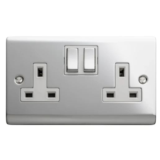 Designa 22SS132DP 2 Gang 13A Double Pole Switched Double Socket Polished Chrome With White Insert