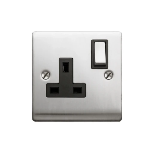 Designa 23SS131DP 1 Gang 13A Double Pole Switched Single Socket Satin Steel With Black Insert