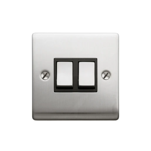 Designa 23S522B 2 Gang 2 Way 10AX Plate Switch Satin Steel with Black Insert