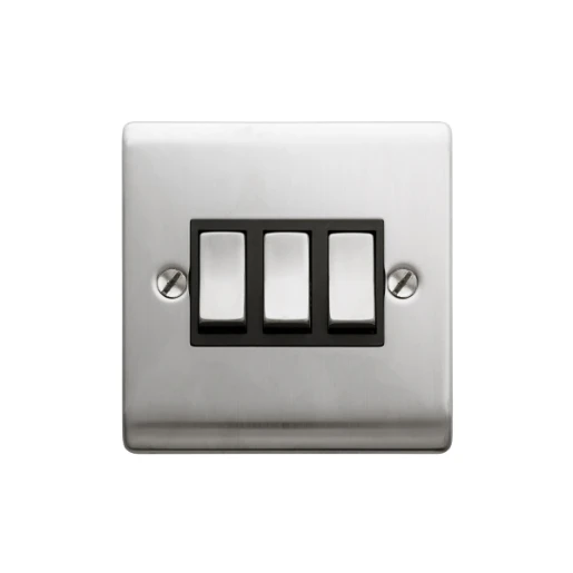 Designa 23S532B 3 Gang 2 Way 10AX Plate Switch Satin Steel with Black Insert