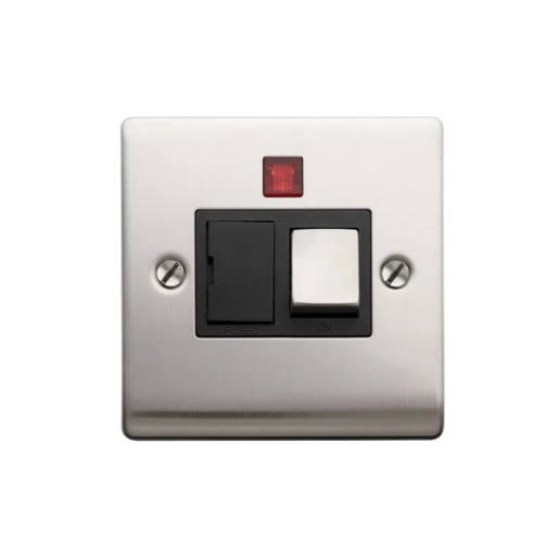 Designa 23SPU13LB 1 Gang 13A Switched Fused Spur Connection Unit Satin Steel with Black insert and Neon