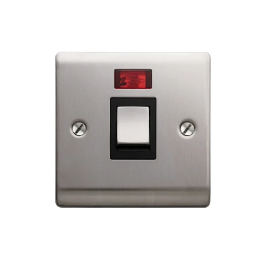 Designa 23S20LB 20A 1 Gang Double Pole Switch Satin Steel With Black Insert With Neon